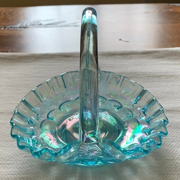 Vintage Westmoreland Glass Iridescent Aqua Blue Ruffled Edge Handled Basket - Picture 4 of 10